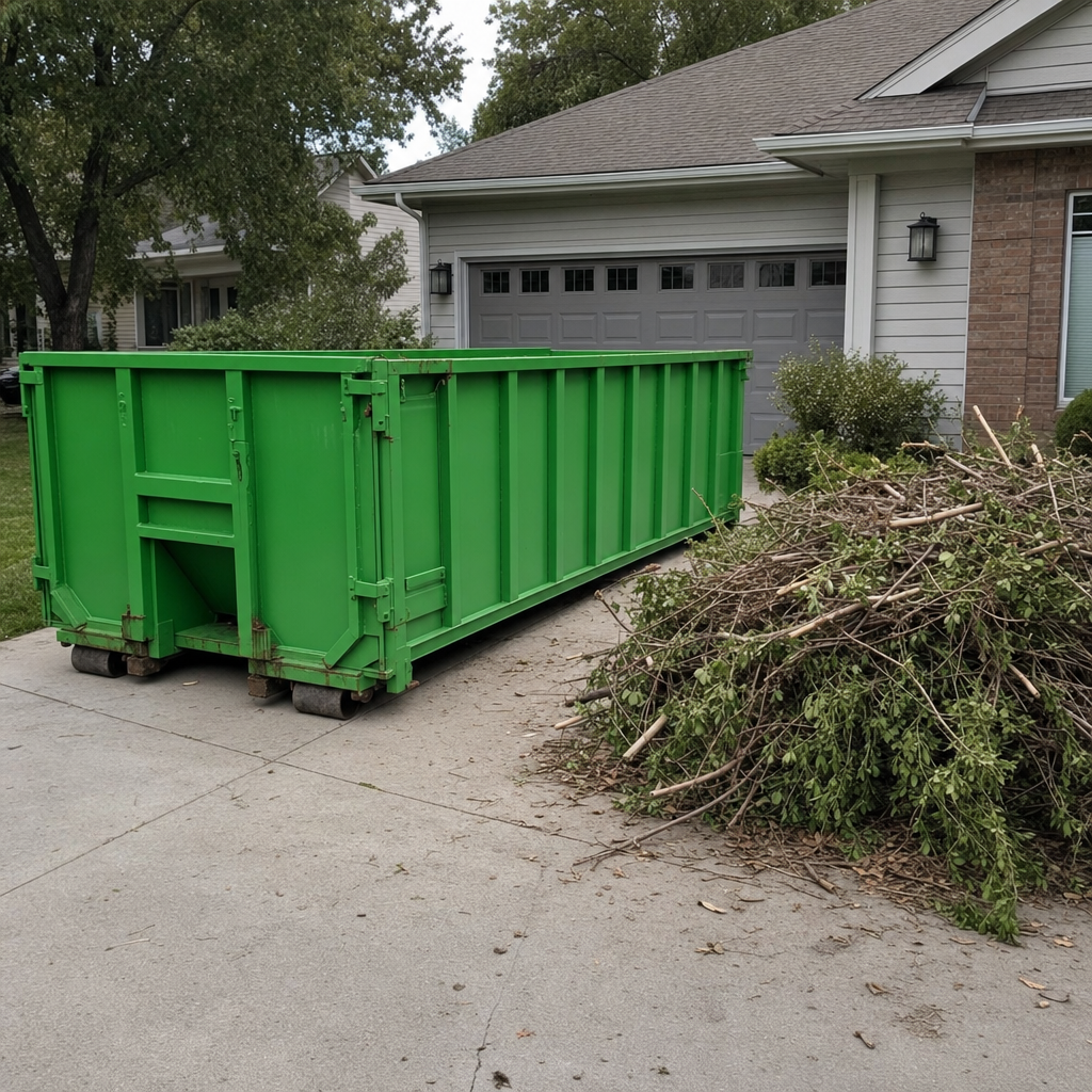 Pile of trimmed tree branches and brush stacked beside a green roll-off dumpster on a suburban driveway