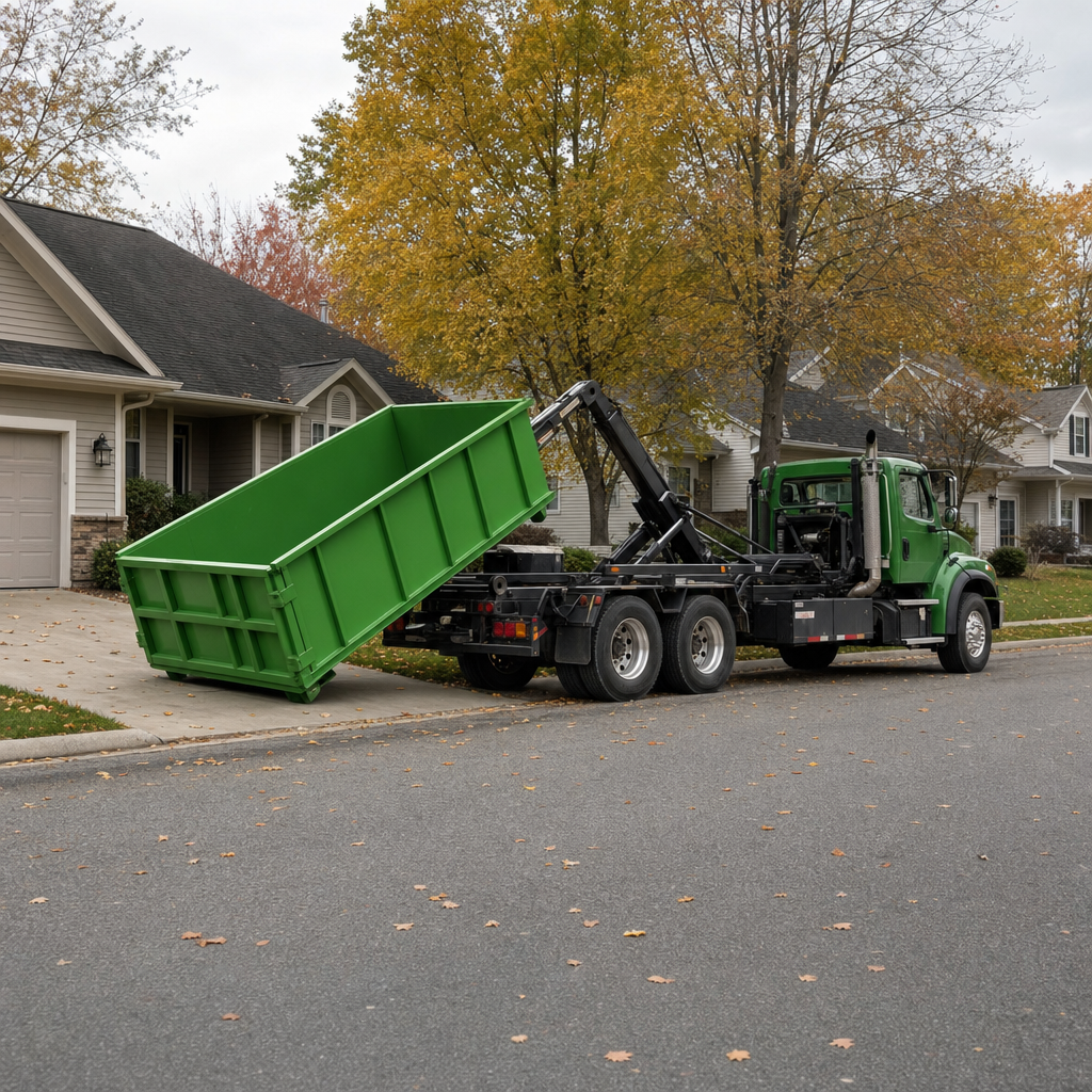 Roll-off truck delivering a green yard waste dumpster to a residential driveway during fall cleanup