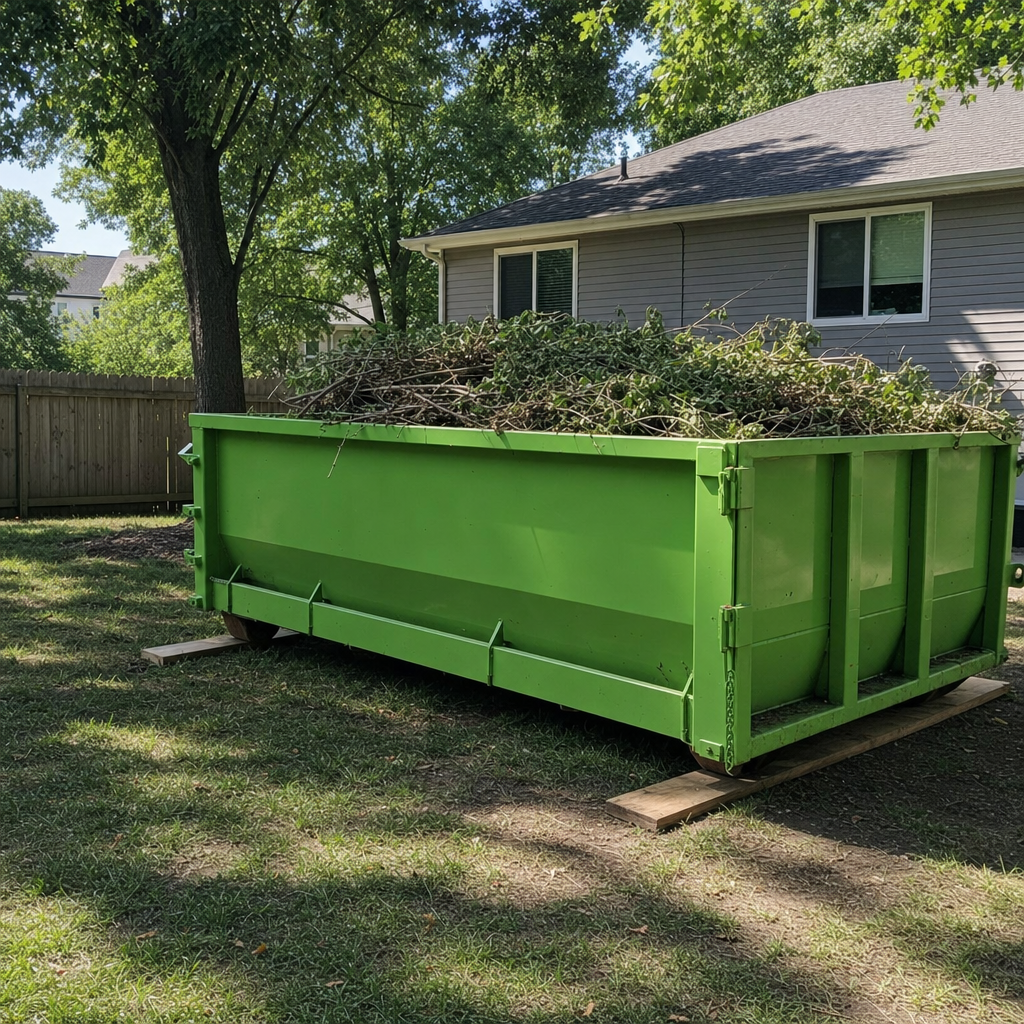 Industrial green roll-off dumpster filled with tree branches and brush in a residential backyard cleanup